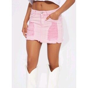 American Bazi Pink Distressed Denim Mini Skirt Size Large Raw Frayed Hem NWT